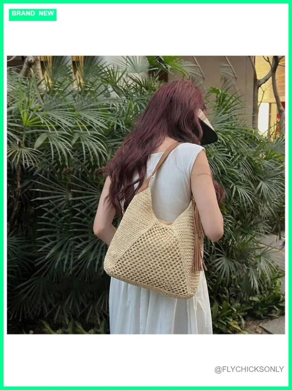Hollow Crochet Straw Hobo Shoulder Bag with Tassel Decor PU Strap Woven Raffia